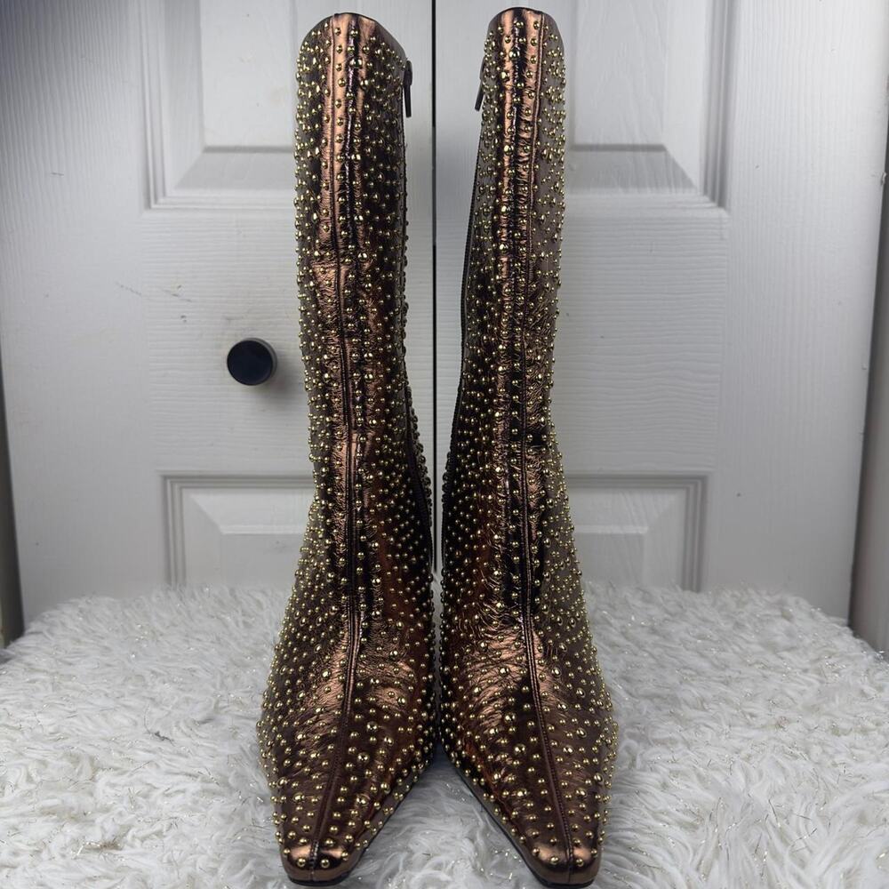 Jeffrey Campbell Bronze Studded Metallic Ankle High Boots Pointed Toe Heels - Picture 3 of 5